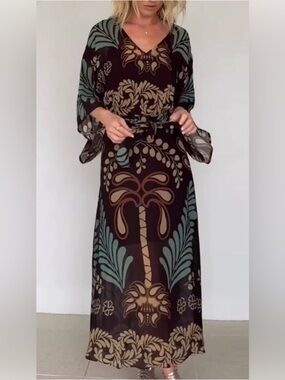 Aumora Bohemian V-Neck Loose Dress Brown Various Sizes NWT IN PACKAGE